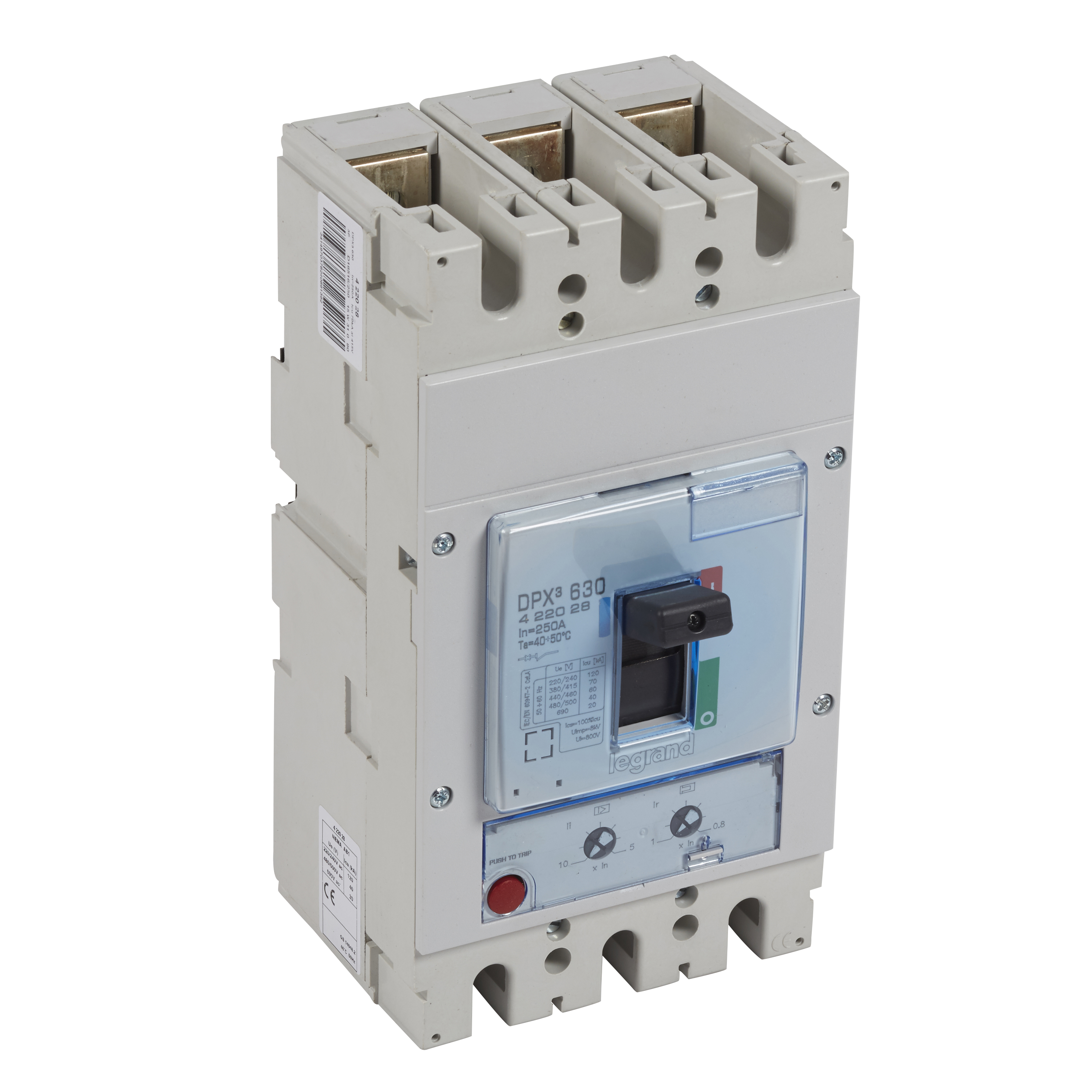 DPX3: kompakt prekidac 630A, 3P, F, FC, In=250A, Un=380/415V (Icu=70kA, Ics=100%Icu), termomagnetna zastitna jedinica (In=250A, Ir=0.8-1In, Im=5...10In)