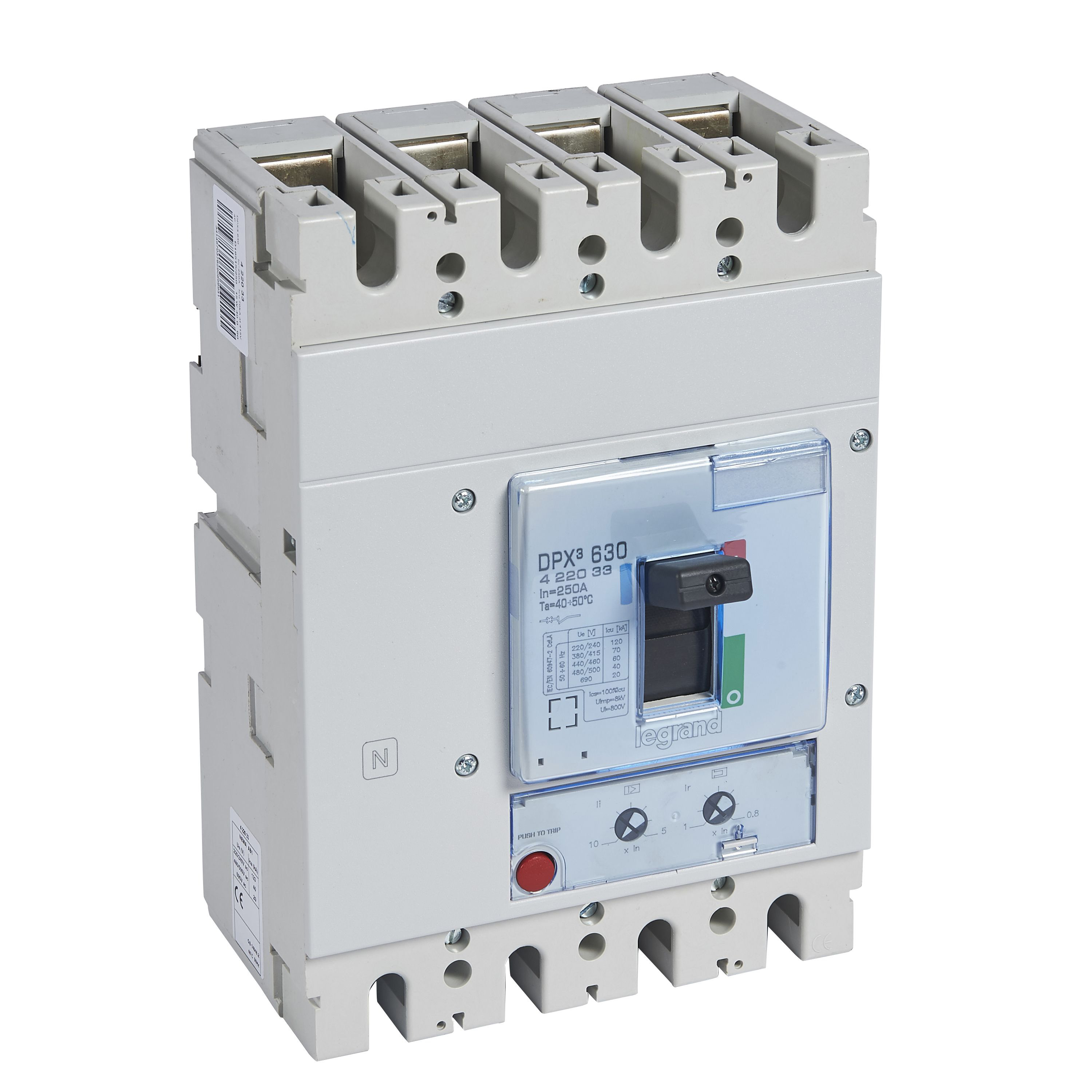 DPX3: kompakt prekidac 630A, 4P, F, FC, In=250A, Un=380/415V (Icu=70kA, Ics=100%Icu), termomagnetna zastitna jedinica (In=250A, Ir=0.8-1In, Im=5...10In)