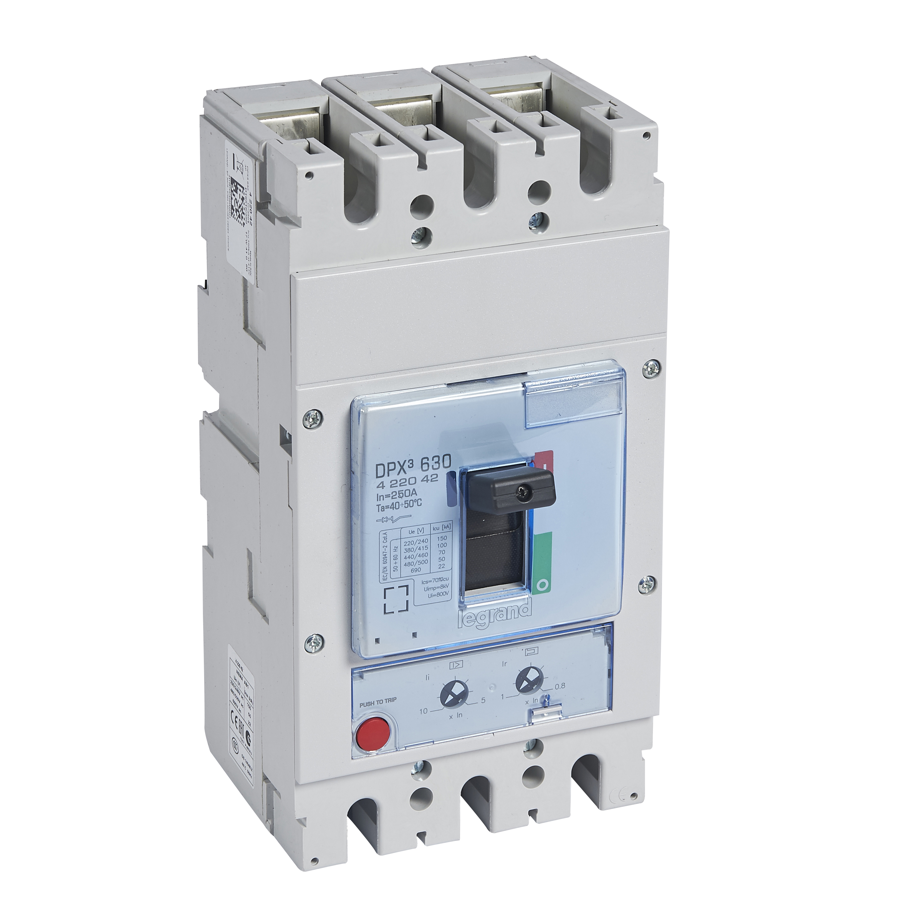 DPX3: kompakt prekidac 630A, 3P, F, FC, In=250A, Un=380/415V (Icu=100kA, Ics=100%Icu), termomagnetna zastitna jedinica (In=250A, Ir=0.8-1In, Im=5...10In)