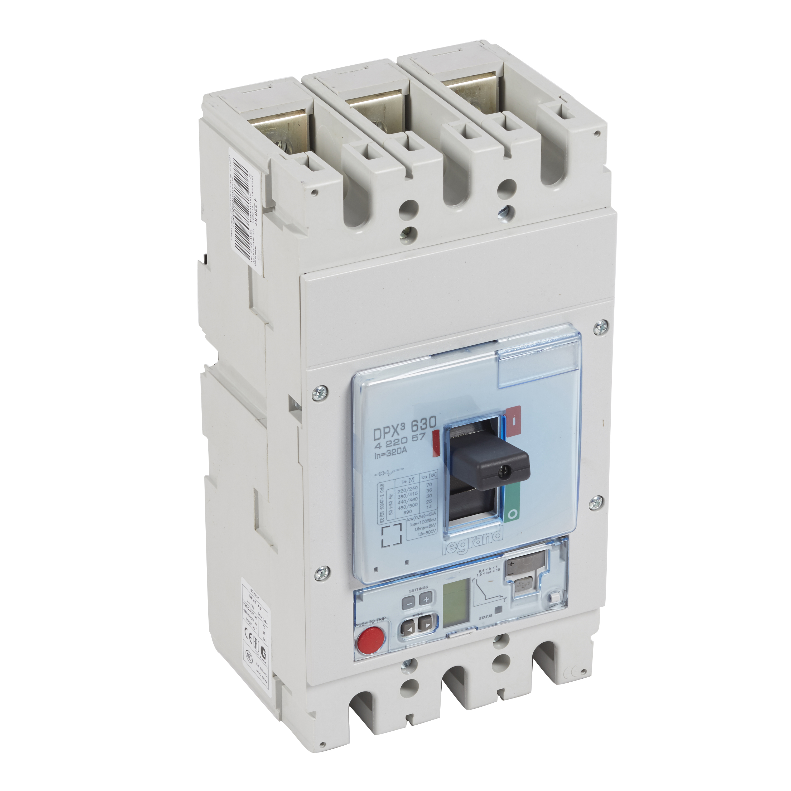 DPX3: kompakt prekidac 630A, 3P, F, FC, In=320A, Un=380/415V (Icu=36kA, Ics=100%Icu), elektronska zastitna jedinica tip S2 (In=320A, Ir=0.4-1In, Isd=1.5...10In, Tr=3…15s, Tsd=0…0.5s, LCD)