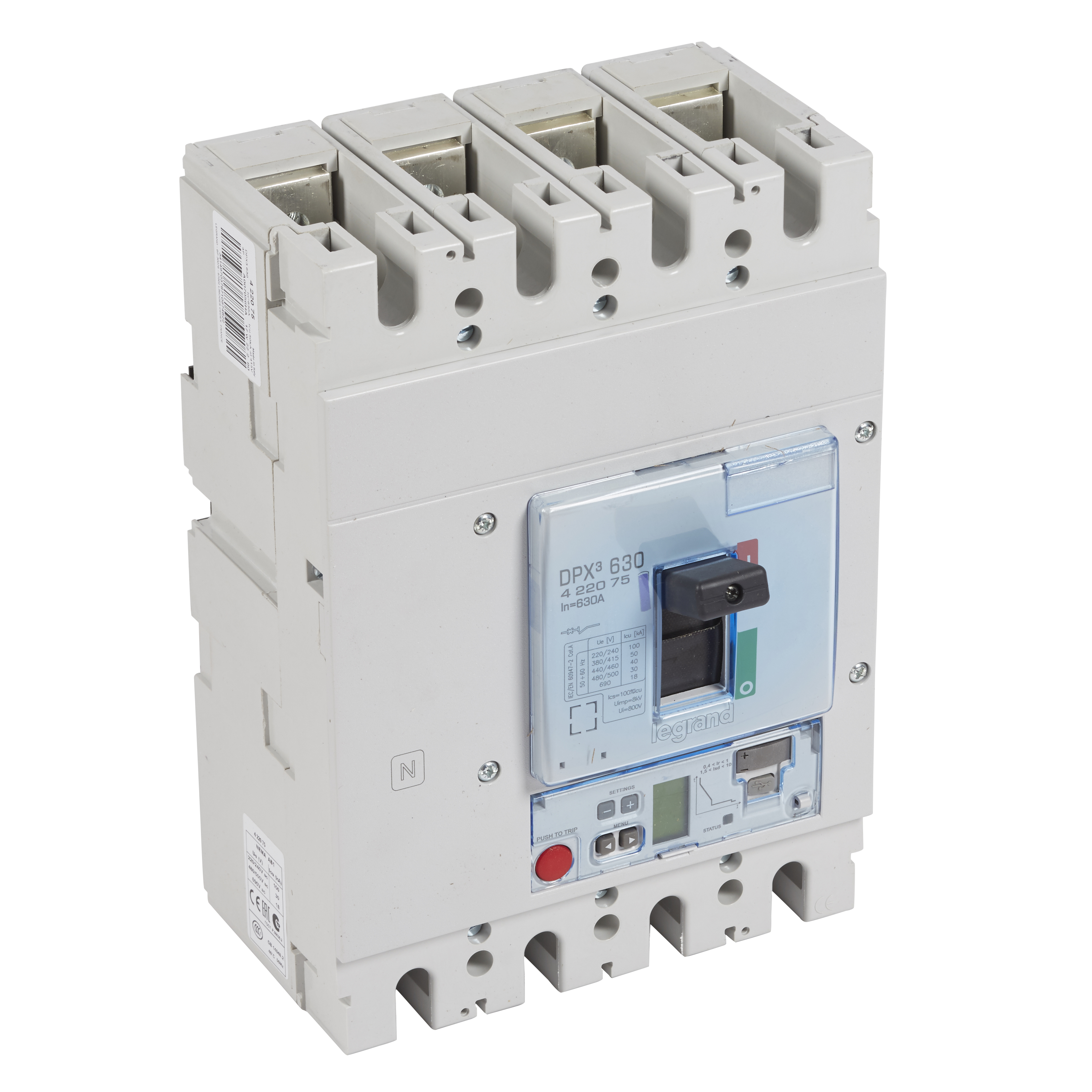 DPX3: kompakt prekidac 630A, 4P, F, FC, In=630A, Un=380/415V (Icu=50kA, Ics=100%Icu), elektronska zastitna jedinica tip S2 (In=630A, Ir=0.4-1In, Isd=1.5...10In, Tr=3…15s, Tsd=0…0.5s, LCD)