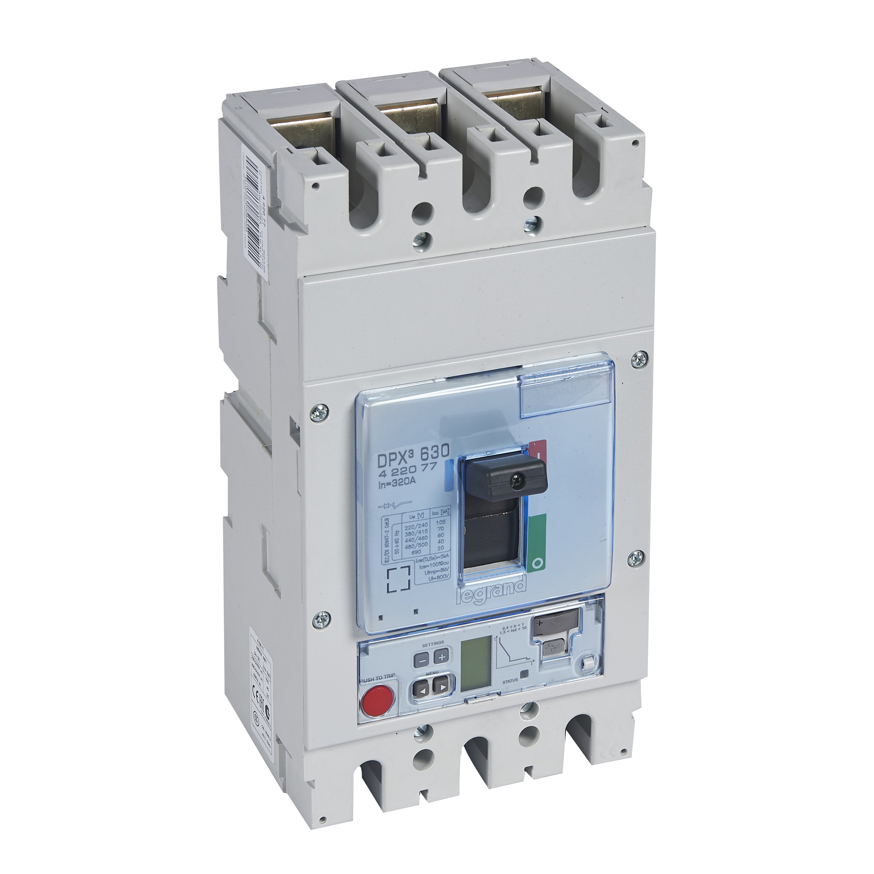 DPX3: kompakt prekidac 630A, 3P, F, FC, In=320A, Un=380/415V (Icu=70kA, Ics=100%Icu), elektronska zastitna jedinica tip S2 (In=320A, Ir=0.4-1In, Isd=1.5...10In, Tr=3…15s, Tsd=0…0.5s, LCD)