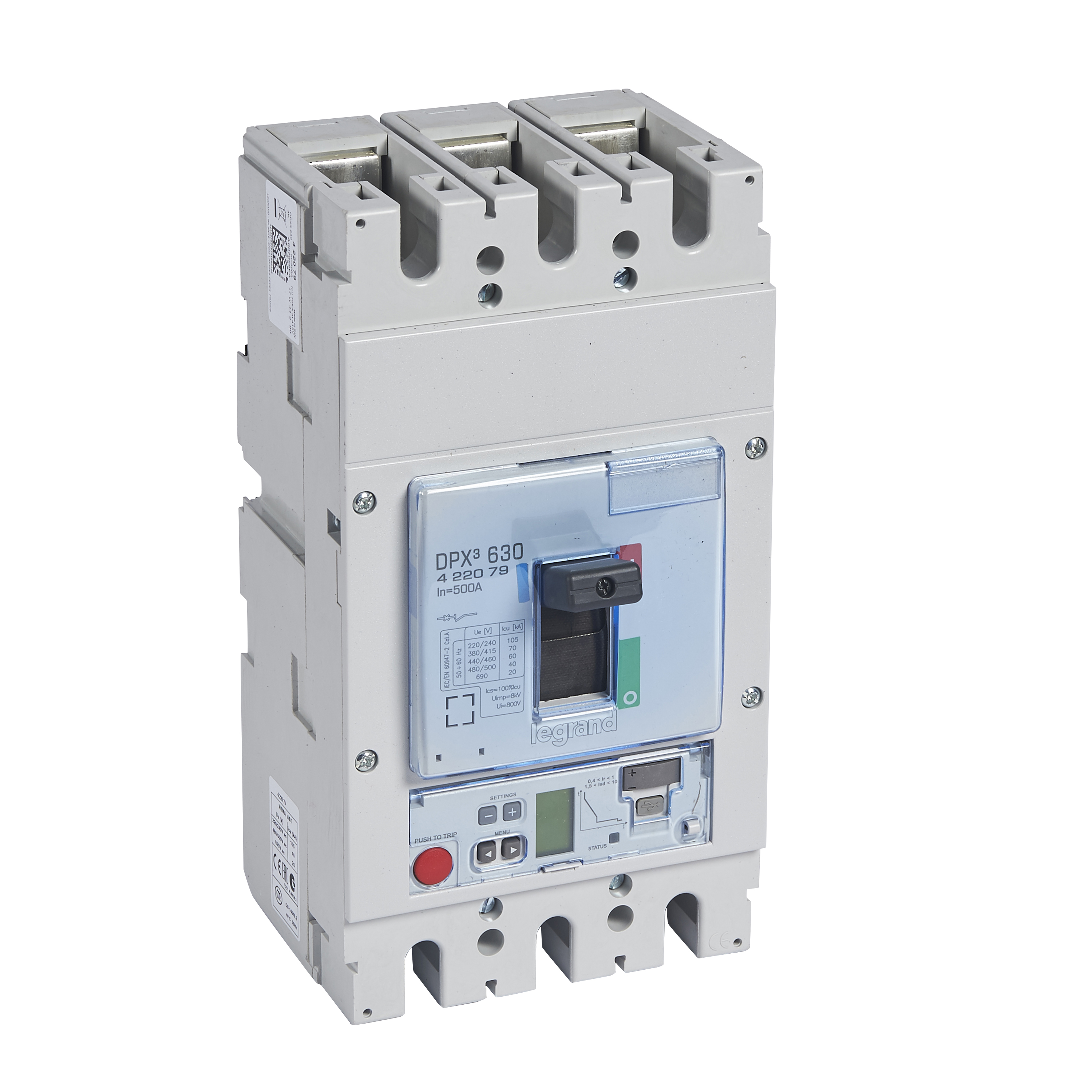 DPX3: kompakt prekidac 630A, 3P, F, FC, In=500A, Un=380/415V (Icu=70kA, Ics=100%Icu), elektronska zastitna jedinica tip S2 (In=500A, Ir=0.4-1In, Isd=1.5...10In, Tr=3…15s, Tsd=0…0.5s, LCD)