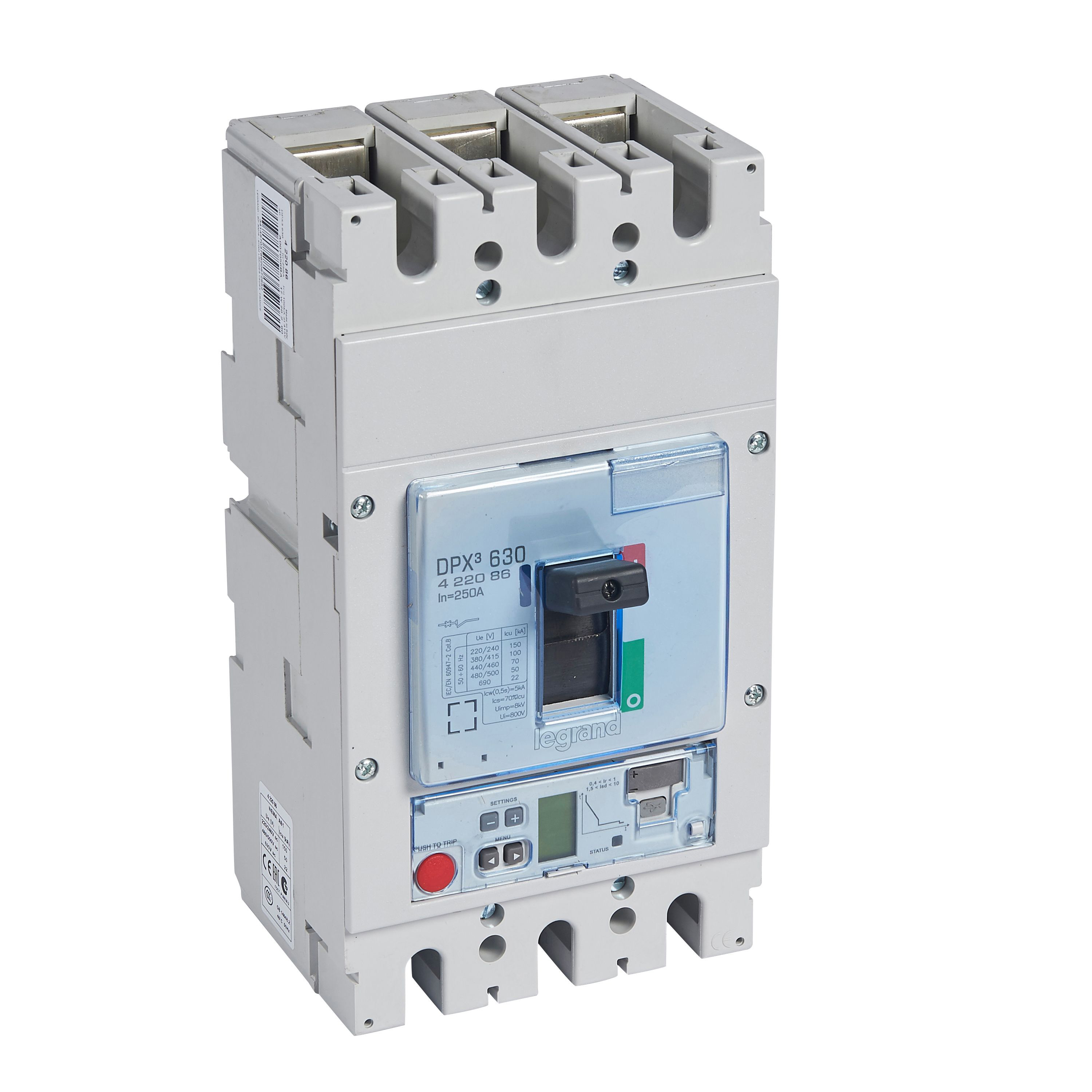 DPX3: kompakt prekidac 630A, 3P, F, FC, In=250A, Un=380/415V (Icu=100kA, Ics=100%Icu), elektronska zastitna jedinica tip S2 (In=250A, Ir=0.4-1In, Isd=1.5...10In, Tr=3…15s, Tsd=0…0.5s, LCD)