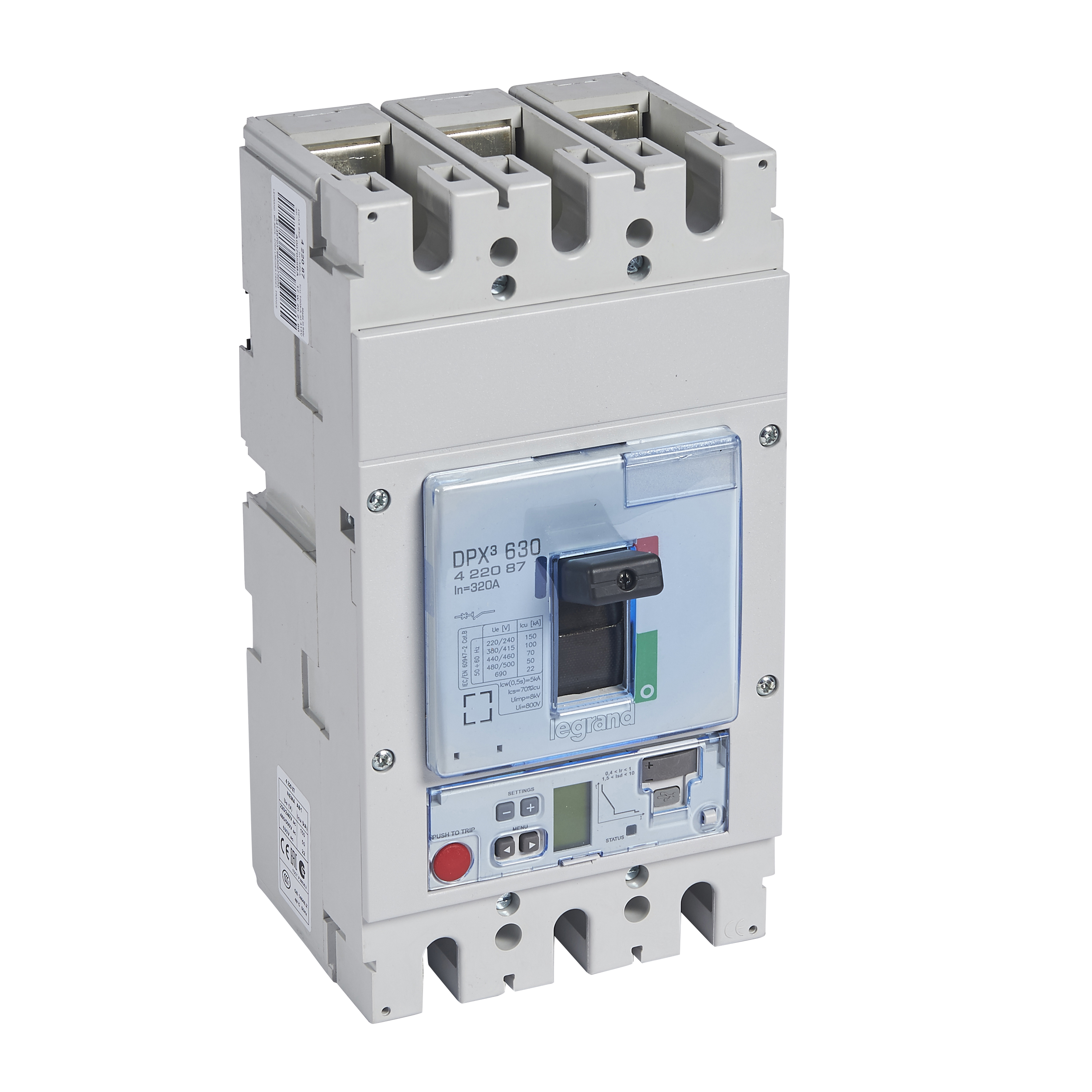 DPX3: kompakt prekidac 630A, 3P, F, FC, In=320A, Un=380/415V (Icu=100kA, Ics=100%Icu), elektronska zastitna jedinica tip S2 (In=320A, Ir=0.4-1In, Isd=1.5...10In, Tr=3…15s, Tsd=0…0.5s, LCD)