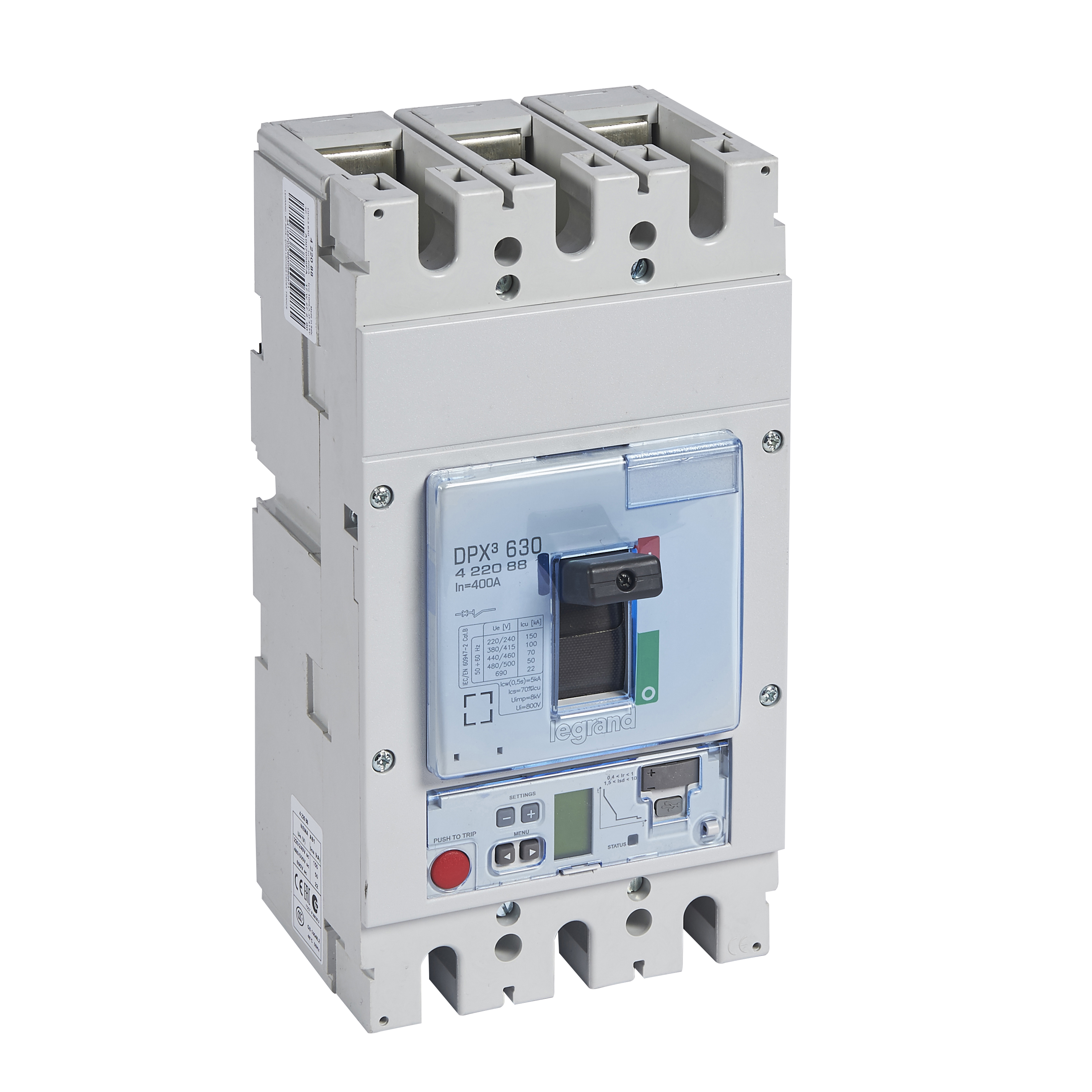 DPX3: kompakt prekidac 630A, 3P, F, FC, In=400A, Un=380/415V (Icu=100kA, Ics=100%Icu), elektronska zastitna jedinica tip S2 (In=400A, Ir=0.4-1In, Isd=1.5...10In, Tr=3…15s, Tsd=0…0.5s, LCD)