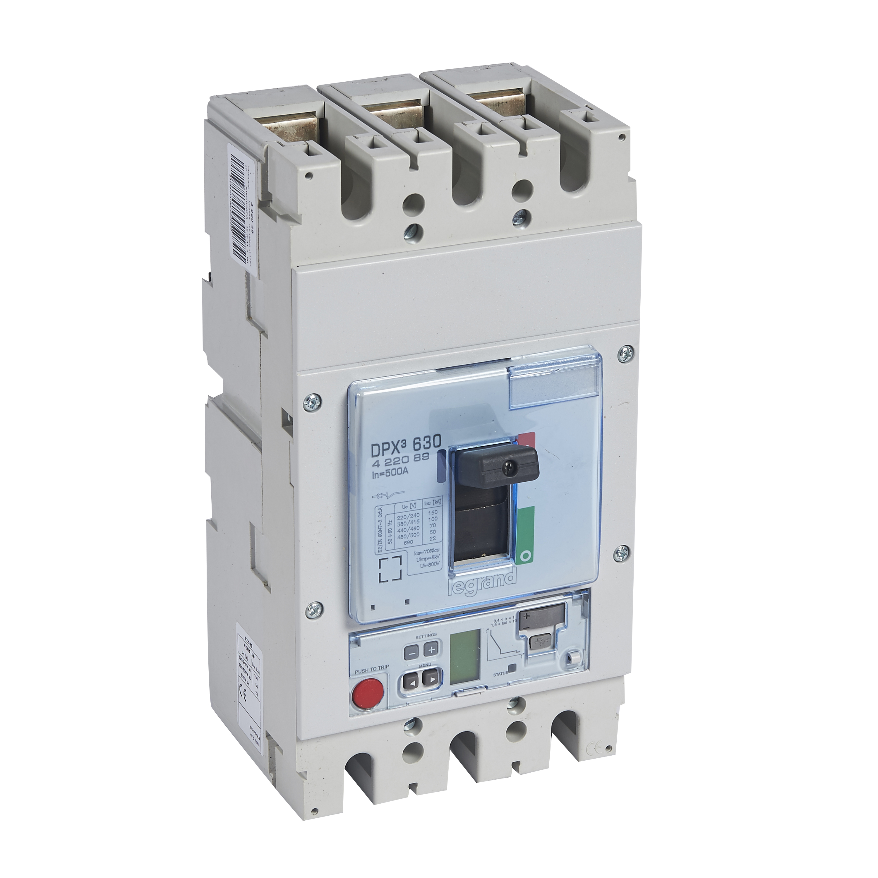 DPX3: kompakt prekidac 630A, 3P, F, FC, In=500A, Un=380/415V (Icu=100kA, Ics=100%Icu), elektronska zastitna jedinica tip S2 (In=500A, Ir=0.4-1In, Isd=1.5...10In, Tr=3…15s, Tsd=0…0.5s, LCD)