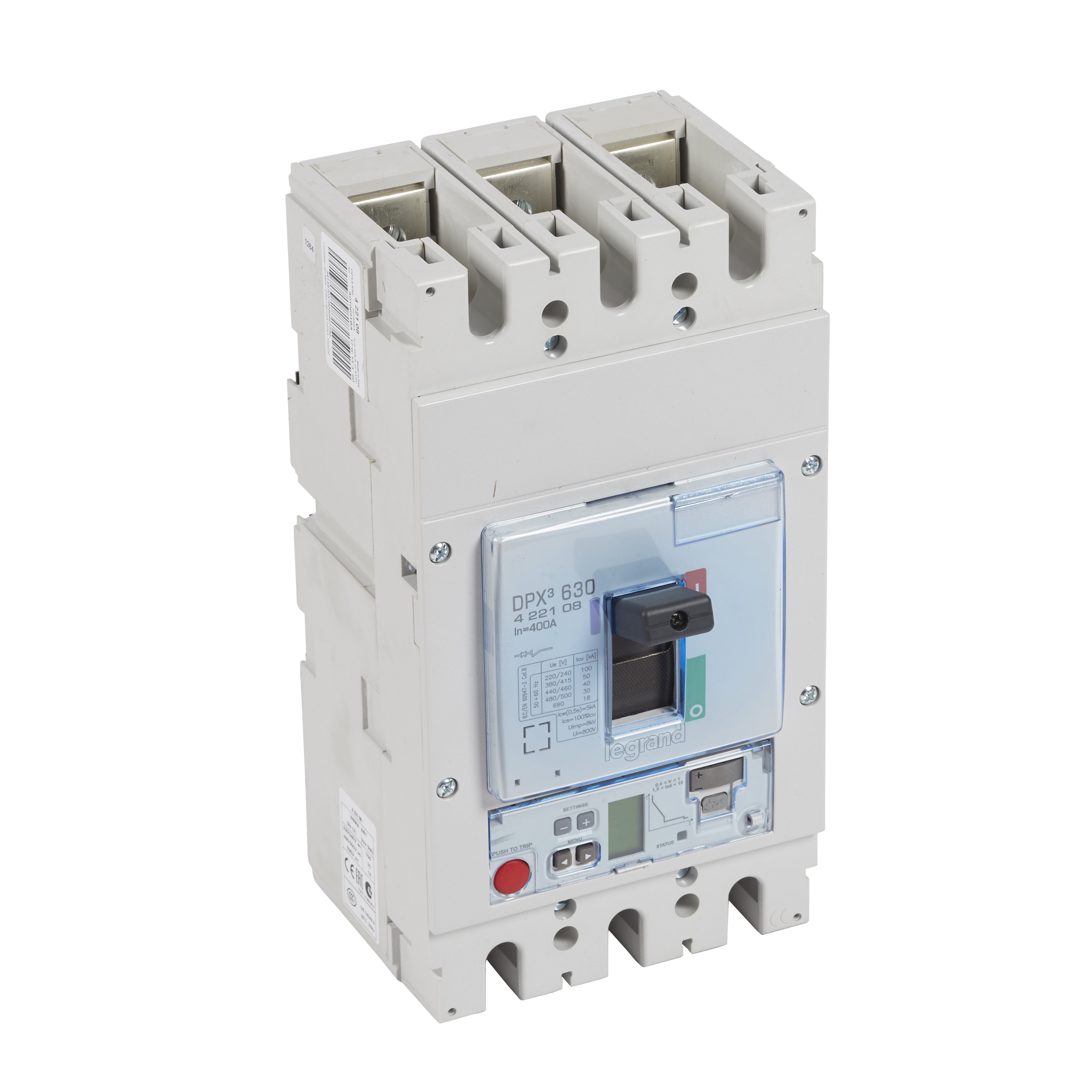 DPX: kompakt prekidac 630A, 3P, F, FC, In=400A, Un=380/415V (Icu=50kA, Ics=100%Icu), elektronska zastitna jedinica S2 (In=400A, Ir=0.4-1In, Isd=1.5...10In, Tr=3…15s, Tsd=0…0.5s, LCD sa merenjima )