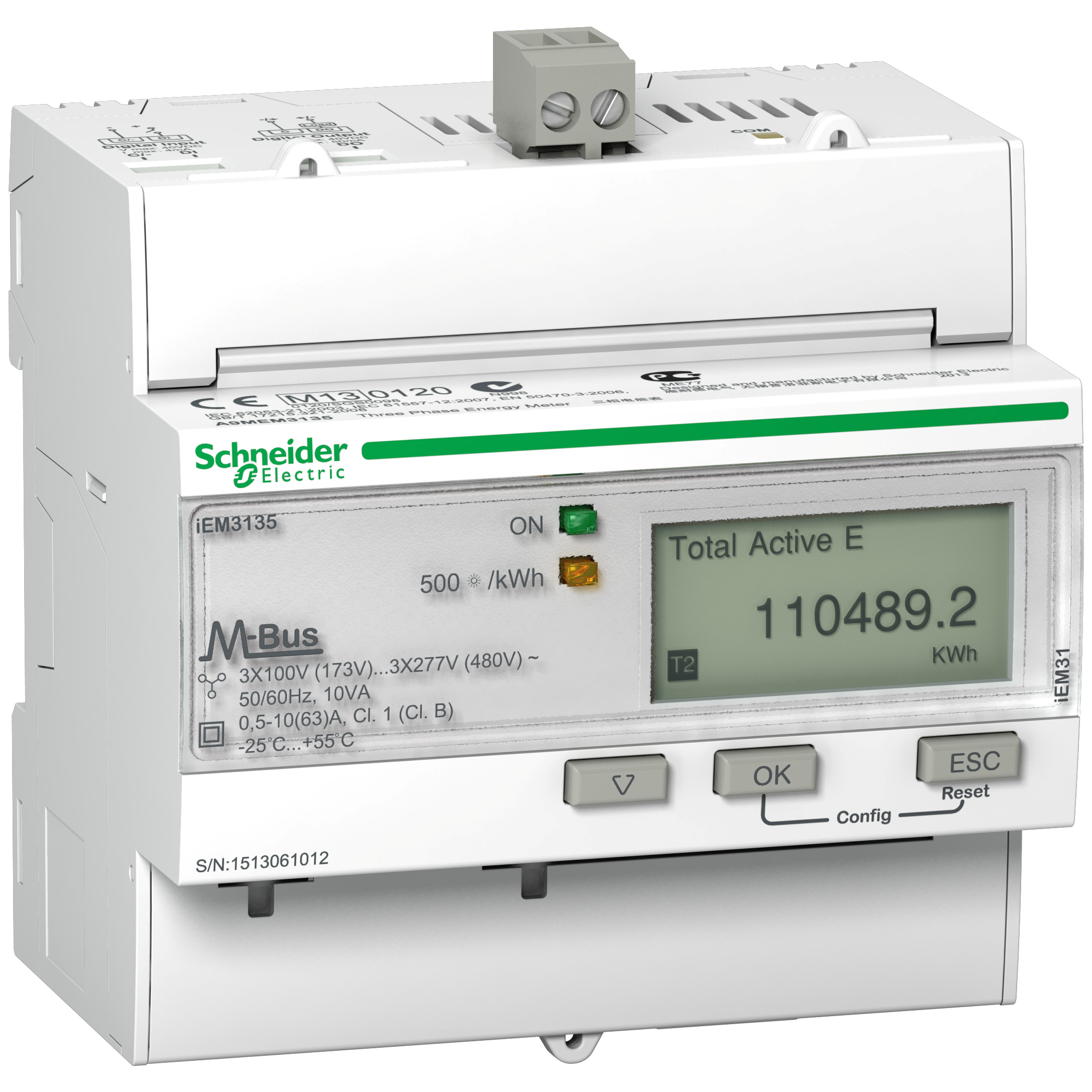 iEM3135: digitalno brojilo (kWh, kVArh, kW, kVAr, I, U), modularno, direktno do 63A, 4 tarife, M-bus za daljinsko ocitavanje, 1DI/1DO