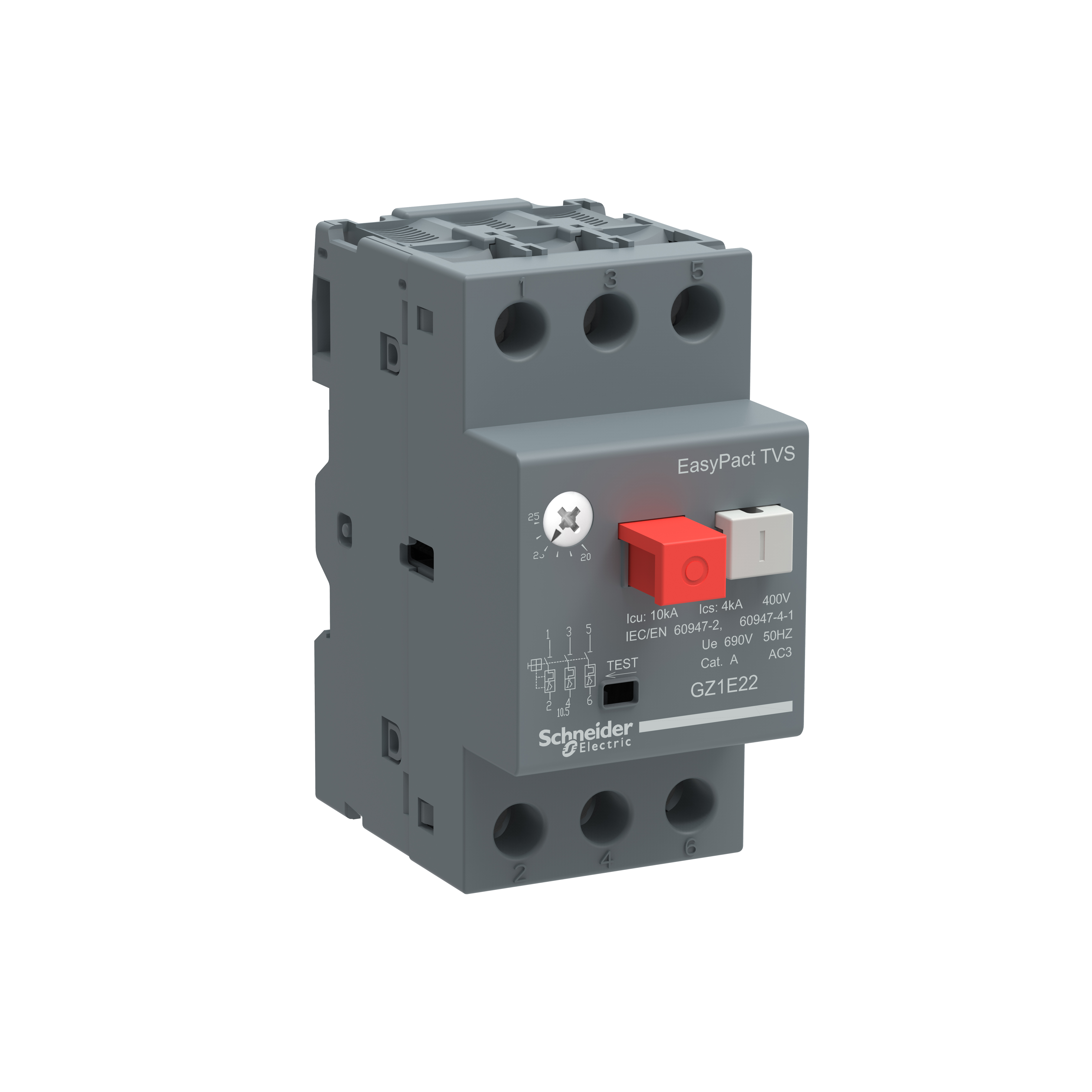 TeSys GZ1: motorni zastitni prekidac, termo-magnetni, 3P na zavrtanj, komanda tasterima, (P=11kW; Ir=20.0-25.0A; Im=327A; Icu=10kA)