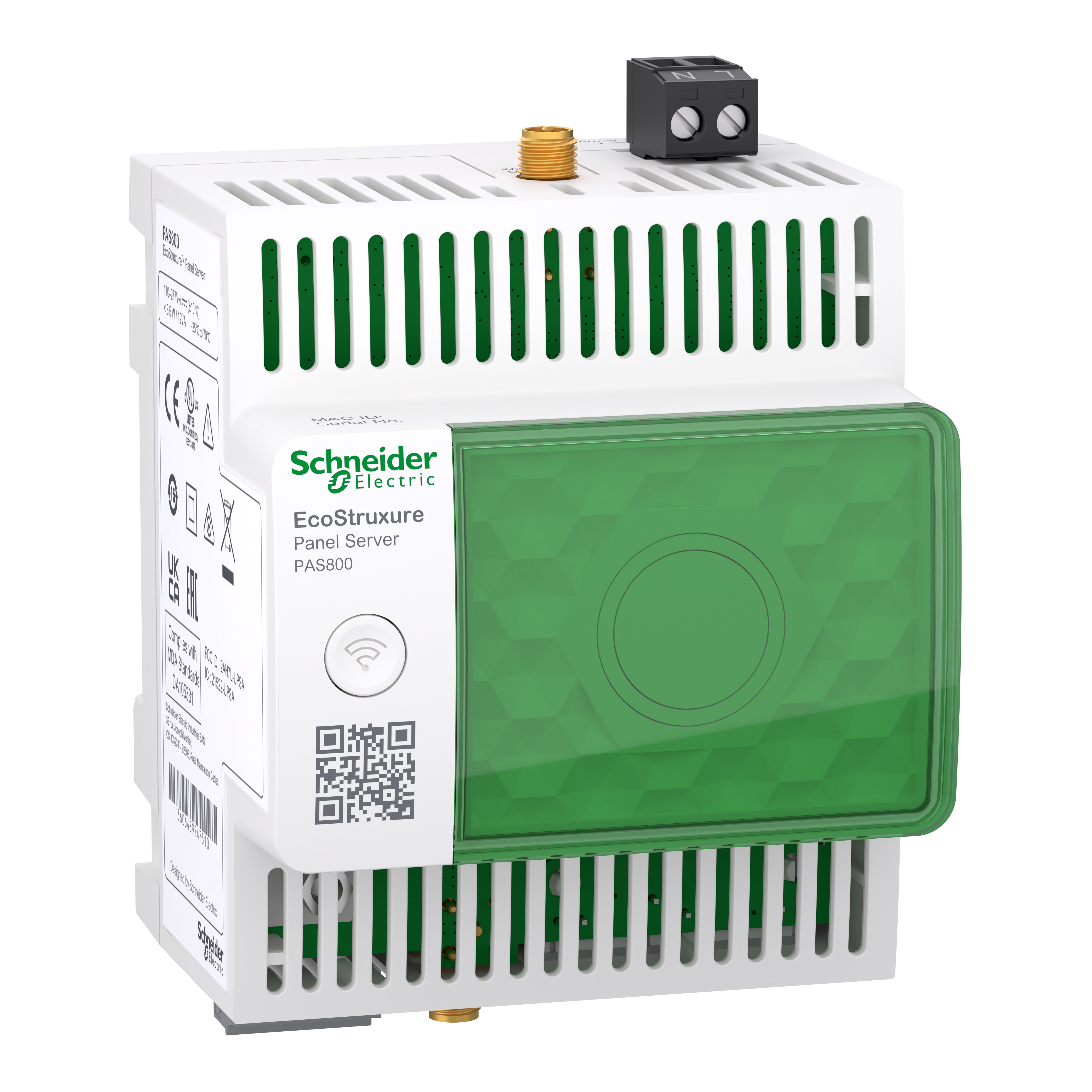 EcoStruxure: Gateway, Energy server, Data logger, 110-277 VAC/DC, Ethernet, 10/100BASE-T, Wi-Fi2.4 GHz, Wi-Fi5 GHz, Bluetooth low energy (BLE), Bežična, IEEE 802.15.4, Modbus RTU, Modbus RTU master, 2 RJ45, RS485